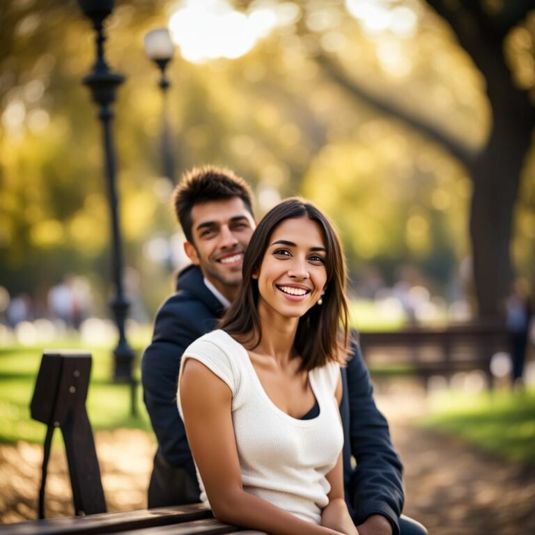 Es una pareja que esta en un banco sonriendo al salir de dentista en arganda