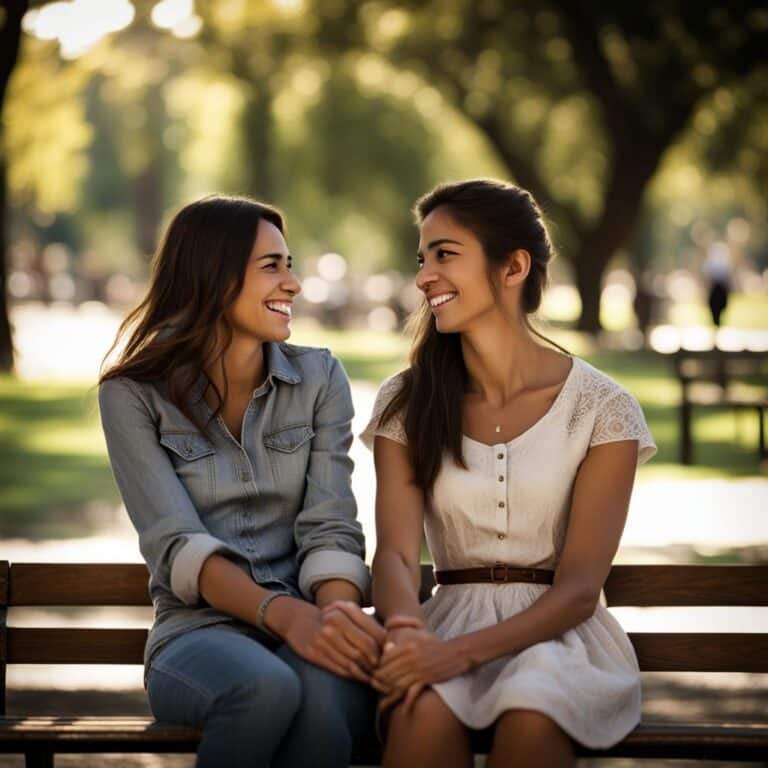 Es una pareja que esta en un banco sonriendo al salir de dentista en arganda y se esta mirando